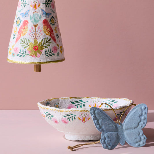 Paper Mache Coral Birds Bowl